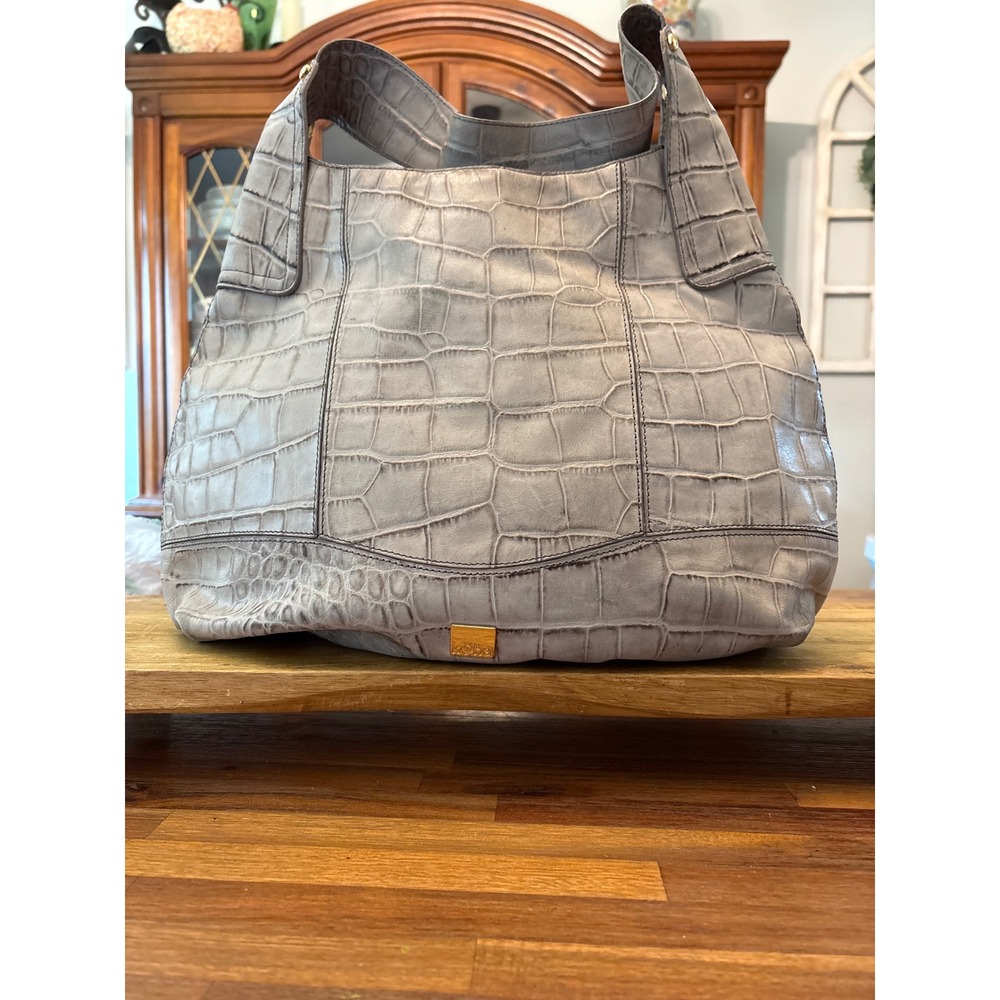 Kooba Hobo Bag Women Large Grey Excellent Croc Embossed Leather Gold Hardware